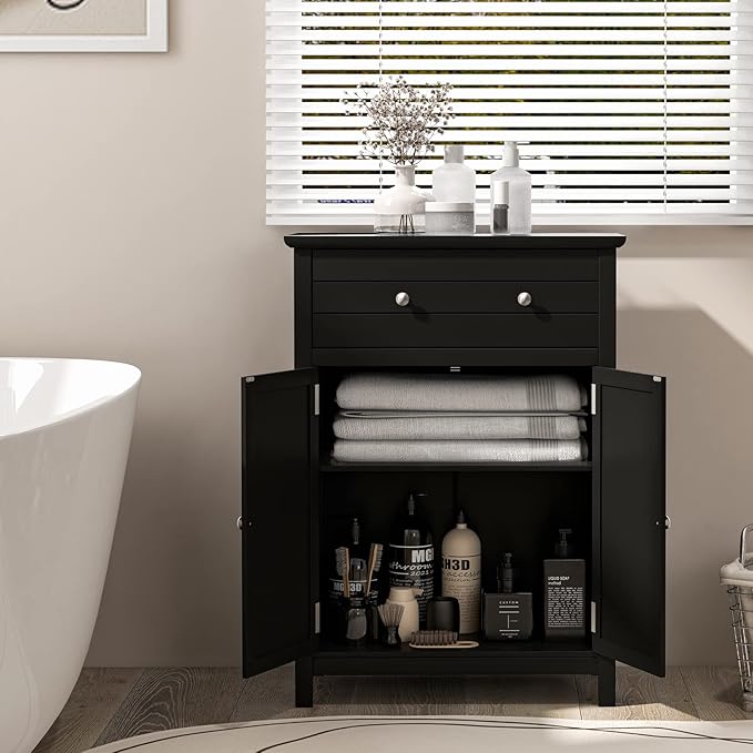 Giantex Bathroom Storage Cabinet with Drawer - Floor Cabinet with Doors, Adjustable Shelf, Storage Organizer for Entryway, Kitchen, Living Room, Freestanding Cupboard (Black)