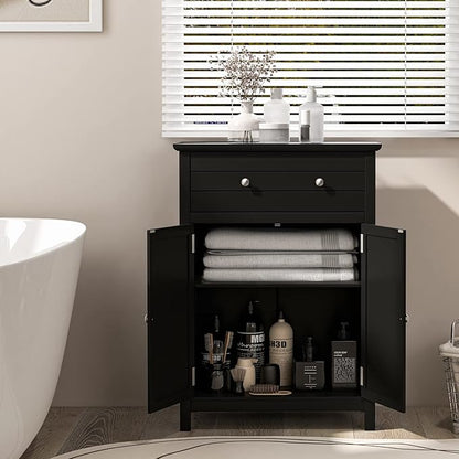 Giantex Bathroom Storage Cabinet with Drawer - Floor Cabinet with Doors, Adjustable Shelf, Storage Organizer for Entryway, Kitchen, Living Room, Freestanding Cupboard (Black)