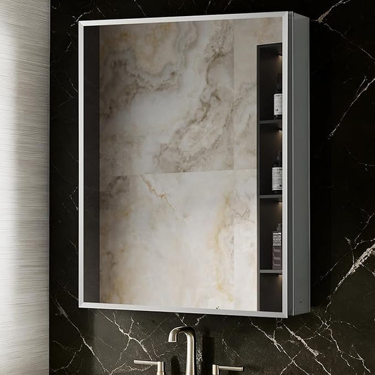 Blossom 16x20 Inch Aluminum Medicine Cabinet with Mirror – Recessed or Surface Wall Mounted Bathroom Storage with Adjustable Glass Shelves, Soft Close Hinges, Rust-Resistant and Modern Mirrored Design