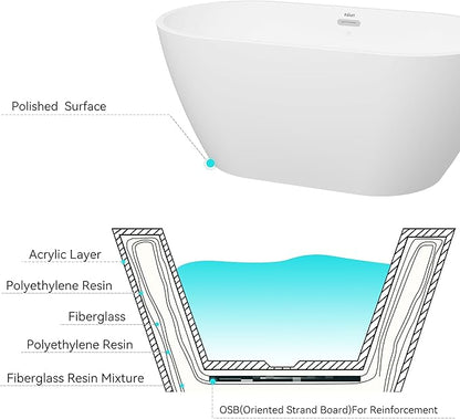 FerdY Nauru 55" Acrylic Freestanding Bathtub, Gracefully Shaped Freestanding Soaking Bathtub, Glossy White cUPC Certified, Toe-Tap Chrome Drain and Classic Slotted Overflow Included