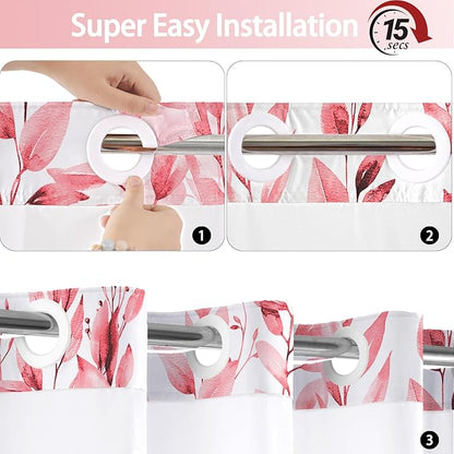 No Hook Shower Curtain and Liner Set, Pink Eucalyptus Floral Shower Curtains for Bathroom, Bath Curtain Sets with Snap in Liner, Waterproof with See Through Top Window, 71x84 Inches