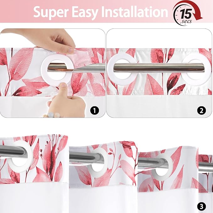 No Hook Shower Curtain and Liner Set, Pink Eucalyptus Floral Shower Curtains for Bathroom, Bath Curtain Sets with Snap in Liner, Waterproof with See Through Top Window, 71x77 Inches