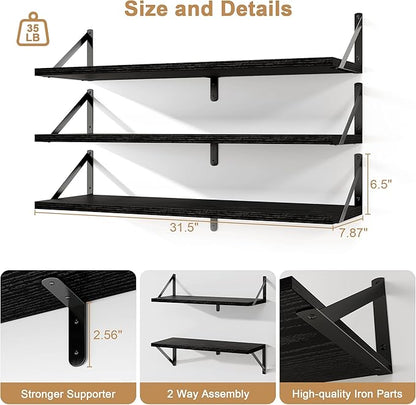 Fun Memories Floating Shelves, 32 x 8 Inches, Set of 3 Wall-Mounted Bookshelves with Metal Brackets, Decorative Storage for Home and Office (Black)