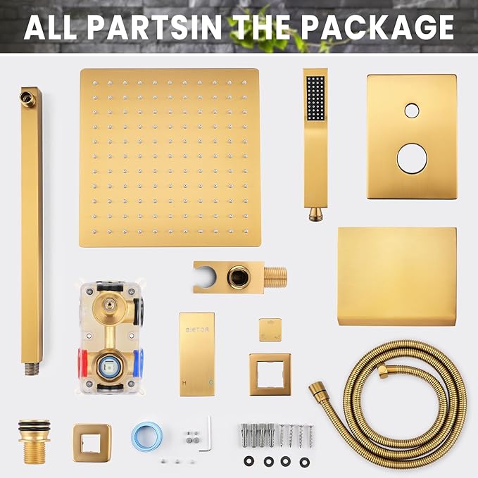 Wall Mounted Shower Faucet Set, Shower System with Tub Spout, 10 Inch Rainfall Shower Head with Handheld Spray, Waterfall Tub Spout Bathtub Faucet, Brushed Gold