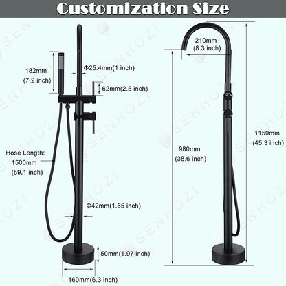 Freestanding Tub Faucet - Matte Black Floor Mounted, 360 Degree Swivel Gooseneck Filler with Hand Shower Mixer Tap. SE-3001-BK