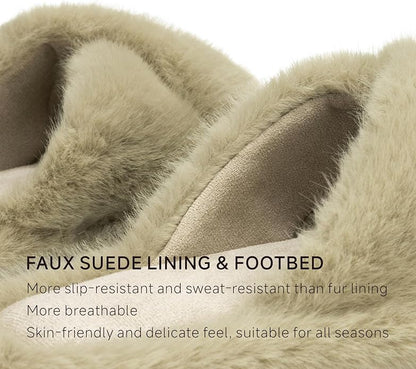 Chantomoo Womens Slippers Memory Foam Fuzzy Cross Band Faux Fur Slippers for Women Gift