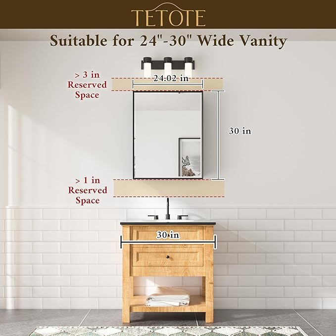 TETOTE White Medicine Cabinet Storage 24" x 30" Medicine Cabinet with Metal Beveled Framed Mirror Stepless Adjustable Shelves for Bathroom Vanity