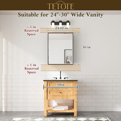 TETOTE White Medicine Cabinet Storage 24" x 30" Medicine Cabinet with Metal Beveled Framed Mirror Stepless Adjustable Shelves for Bathroom Vanity