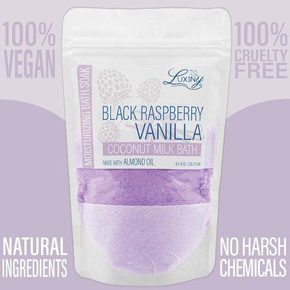 Luxiny Vegan Milk Bath Soak Made with Moisturizing Coconut Milk Powder & Sweet Almond Oil for a Bath Bomb Dust Soothing Fizz & Relaxing Soak, 8 oz. (Black Raspberry Vanilla)