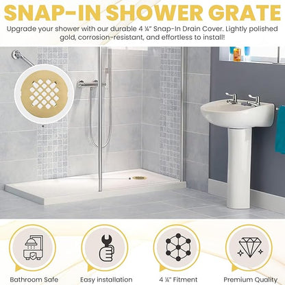 4 ¼” Brushed Light Gold Snap-in Shower Drain Cover - Gold Replacement - 4.25" OD Shower Drain Strainer - Easy Install - Premium Round Shower Drain Cover - Solid Brass Construction