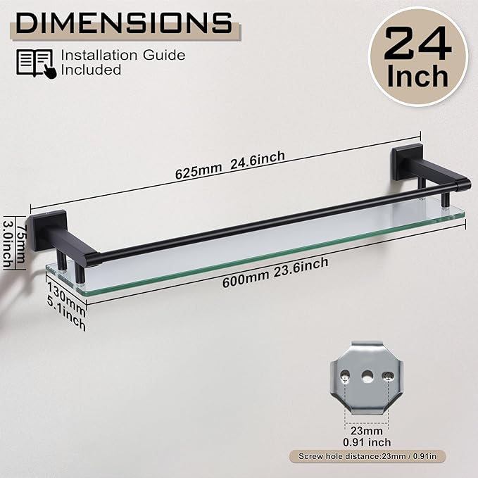 Glass Shelf for Bathroom Wall Sheves 24 inch Rectangular Stainless Steel Tempered Glass Modern Stainless Steel Wall Mount Accessories Organizers Storage (Matte Black)
