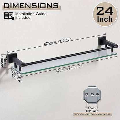 Glass Shelf for Bathroom Wall Sheves 24 inch Rectangular Stainless Steel Tempered Glass Modern Stainless Steel Wall Mount Accessories Organizers Storage (Matte Black)