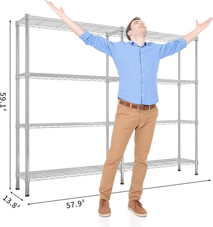 4 Tier Storage Racks Shelving, Heavy Steel Pantry Shelves, Adjustable Wire Shelving Rack, Suitable for Garage, Kitchens, Offices, 57.9" W x 13.8" D x 59" H, Chrome