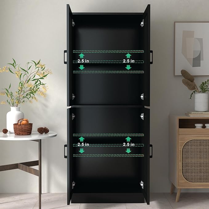 71" Tall Kitchen Pantry Cabinet, Freestanding Food Storage Organizer with Doors & Adjustable Shelves, Large Utility Hutch Cupboard for Dining Room, Living Room, Bathroom & Home Offic, Black