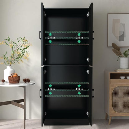 71" Tall Kitchen Pantry Cabinet, Freestanding Food Storage Organizer with Doors & Adjustable Shelves, Large Utility Hutch Cupboard for Dining Room, Living Room, Bathroom & Home Offic, Black