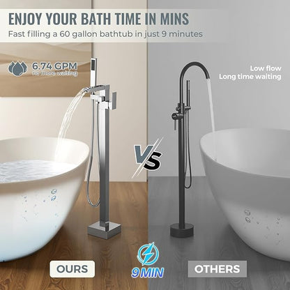 Free Standing Tub Faucet Chrome: ALEASHA High Flow Max 6.74 GPM Free Standing Tub Filler - Brass Modern Floor Mount Bathtub Faucet with Handheld Shower, for the Ultimate Elegant SPA Experience