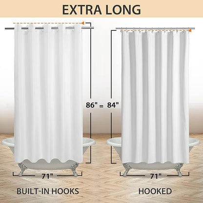 River Dream Extra Long Shower Curtain No Hooks or Liner Needed - Soft Microfiber 84" Long Fabric Shower Curtain Liner Set, Machine Washable & Water Repellent, White