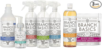 Branch Basics Premium Starter Kit: All Purpose, Glass, and Bathroom Cleaner plus our Foaming Wash, and Laundry Bottle (3 Plastic Spray Bottles + Concentrate) Fragrance-Free