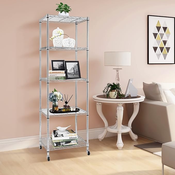 BNSPLY 5 Tier Narrow Wire Shelving Unit with Wheels, Height Adjustable Wire Shelves with NSF Certified, Mobile Metal Storage Rack for Kitchen, Laundry, Bathroom (17.7" D x 23.6" W x 71" H, Chrome)