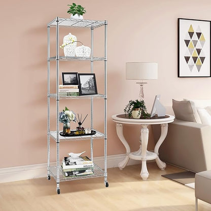 BNSPLY 5 Tier Narrow Wire Shelving Unit with Wheels, Height Adjustable Wire Shelves with NSF Certified, Mobile Metal Storage Rack for Kitchen, Laundry, Bathroom (17.7" D x 23.6" W x 71" H, Chrome)