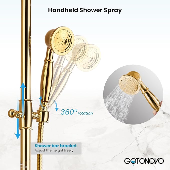 gotonovo Bathroom Classic Exposed Shower Faucet Wall Mount Shower System 8 Inch Luxurious Rainfall Shower Head Set with Tub Spout and Handheld Spray Double Cross Handles Polished Gold