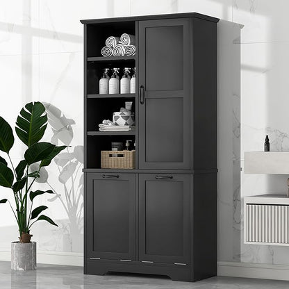 Favfurish 68" Tall Bathroom Storage Cabinet with Door and 2 Tilt-Out Laundry Hampers,Modern Linen Cabinets w/Open Shelf & Adjustable Shelves,Freestanding Organizer for Laundry Room,Kitchen,Black