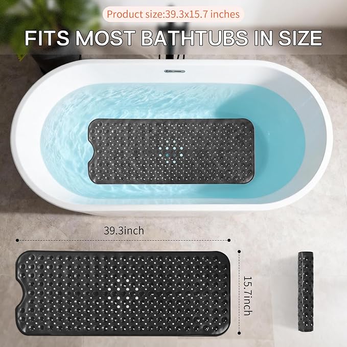 Anti-Slip Bathtub Shower mat, 39.3×15.7 inch（Approximately 100 × 40cm） Soft Oversized Machine Washable Non-Slip Bathtub mat with Drainage Holes, Bathroom Floor Suction Cup.（1-Opaque Black）