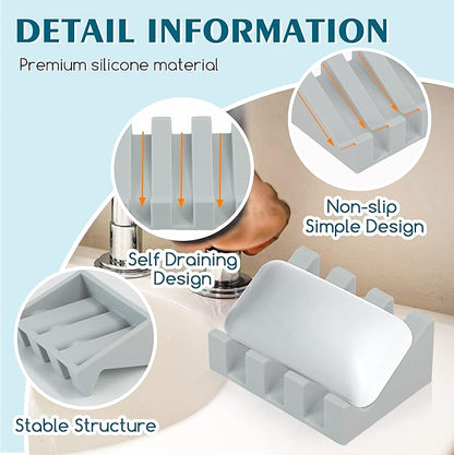 Silicone Soap Dish for Bar Soap Holder for Shower Bathroom Self Draining Waterfall Drying Tray Keep Soap Bars Dry Clean & Easy Cleaning (Light Grey, 2)