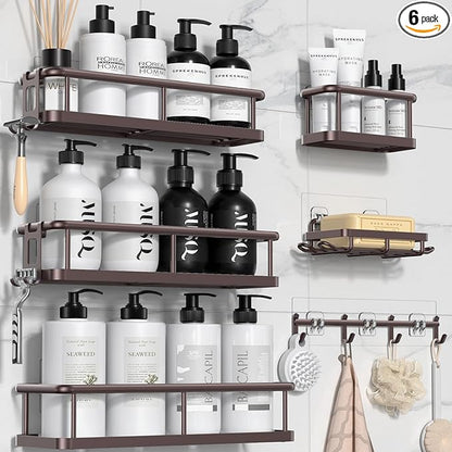 YASONIC Shower Caddy, 6 Pack Large Capacity shower Organizer with Soap Holder and 12 Hooks, Rustproof Shower Shelves for Inside Shower, No Drilling&Sleek Bathroom Organizers and Storage Bronze
