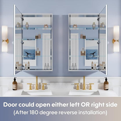 WELLFOR 20" x 36" Bathroom Medicine Cabinet, Anodized Chrome Aluminum Frame, Medicine Cabinet with Adjustable Glass Shelves, Bathroom Cabinet with Reverse Door Installation, Surface or Recess Mount