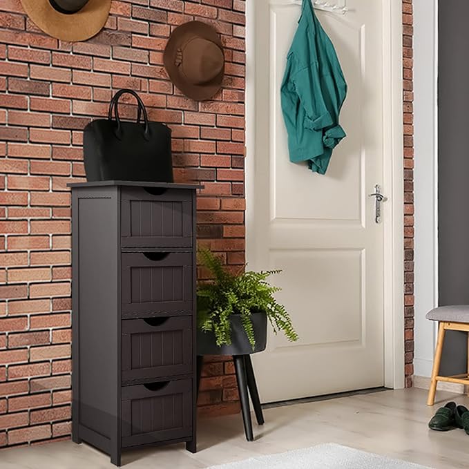 Bonnlo Skinny Bathroom Floor Storage Cabinet, 12 Inch Wide Deep Small Storage Organizer with 4 Drawers, Wooden Modern Espresso Thin Free Standing Tower Cabinet w/ 4 Cute Drawers for Bathroom