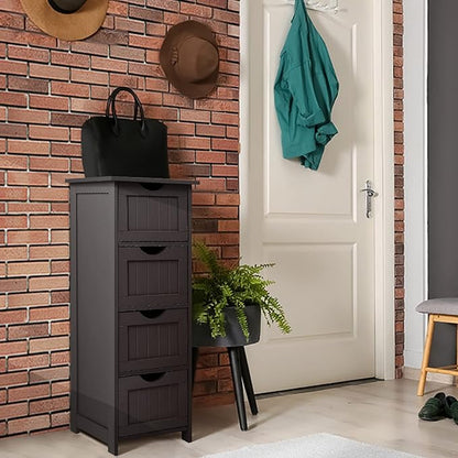 Bonnlo Skinny Bathroom Floor Storage Cabinet, 12 Inch Wide Deep Small Storage Organizer with 4 Drawers, Wooden Modern Espresso Thin Free Standing Tower Cabinet w/ 4 Cute Drawers for Bathroom