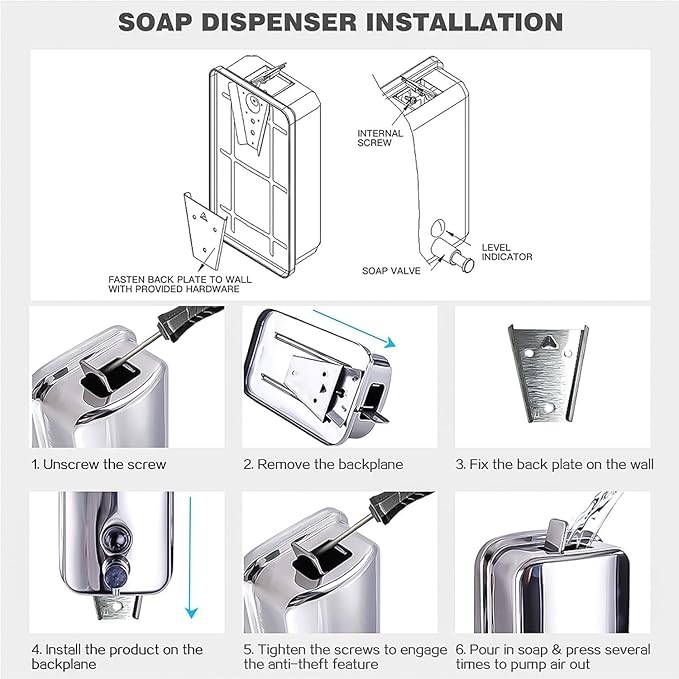 Stainless Steel Hand Soap Dispenser for Bathroom Kitchen 35fl oz/1000ml Wall Mount Liquid Soap Dispensers 8183