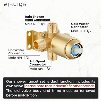 Airuida Shower Faucet Set and Handle Set Single Function Shower Trim Kit Ceiling Mount Rainfall Shower System with Male Threads and Rough-in Valve 10 Inch Square Shower Head Brushed Gold