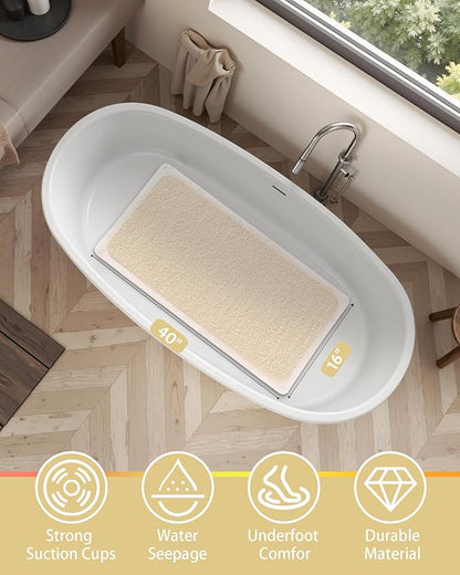 Mecko Non Slip Shower Mats, 16x40 Inch, Anti-Slip Bathtub Mats with Suction Cups for Bathroom, Foot Scrubber Loofah Bath Mats for Shower, Quick Drying Shower Stall Mats for Wet Areas (Beige)
