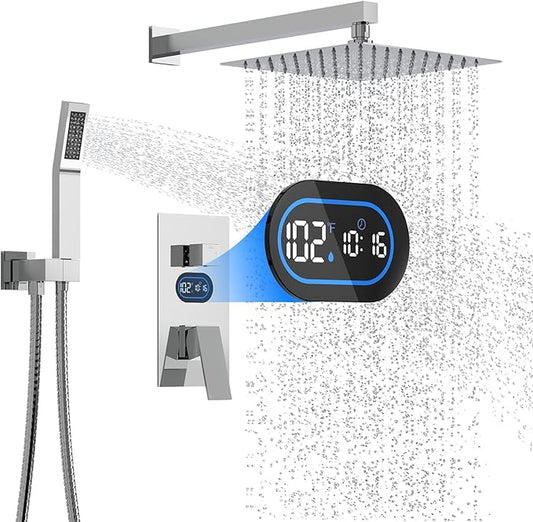 Shower Faucet Set with Hydro Power Temperature Display, Shower System Bathroom 12 Inches Shower Head with Handheld Spray, Wall Mounted Shower Fixtures with Shower Valve and Trim Kit, Polished Chrome