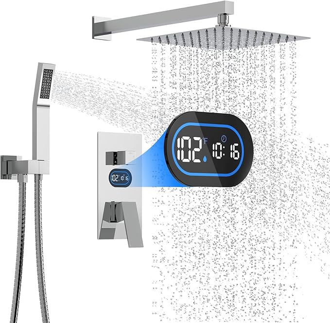 Shower Faucet Set with Hydro Power Temperature Display, Shower System Bathroom 10 Inches Shower Head with Handheld Spray, Wall Mounted Shower Fixtures with Shower Valve and Trim Kit, Polished Chrome