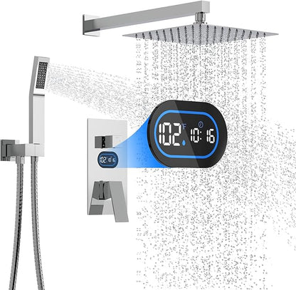 Shower Faucet Set with Hydro Power Temperature Display, Shower System Bathroom 10 Inches Shower Head with Handheld Spray, Wall Mounted Shower Fixtures with Shower Valve and Trim Kit, Polished Chrome