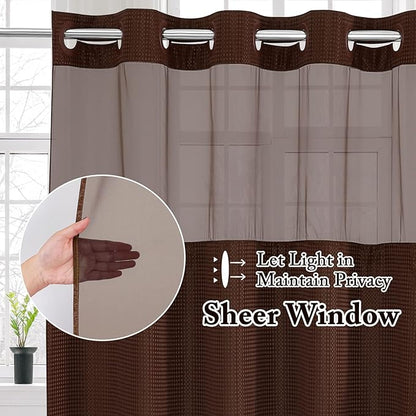 Gibelle Extra Long Shower Curtain 72x86, Waffle Weave Bathroom Shower Curtain with Snap-in Fabric Liner Set, No Hooks Needed, Hotel Style with Mesh Top Window, Brown