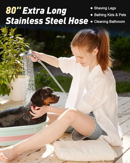 FASDUNT Shower Head with Handheld, High Pressure Handheld Shower Head with 80" Extra Long Stainless Steel Hose & Adjustable Bracket, Showerhead with ON/OFF Switch for Pets Bath, Brushed Nickel