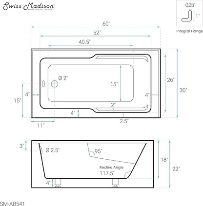 Swiss Madison Well Made Forever SM-AB541 Voltaire Alcove Tub with Armrest 60" x 30" in Glossy White