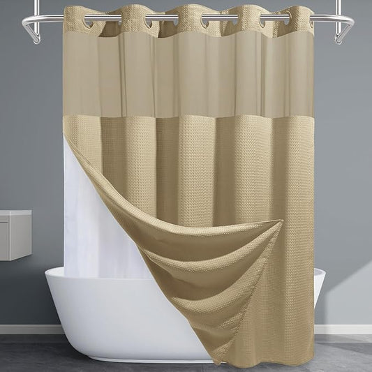 Beige Long No Hook Shower Curtain with Snap in Liner,230GSM Waffle Weave Shower Curtains for Bathroom,71W x 86H
