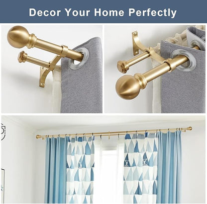 Double Curtain Rod, Adjustable 1 inch Double Drapery Rod Rods for Windows 28 to 48 inch,Ball Round Finials with Brackets Set (28-48",Gold)