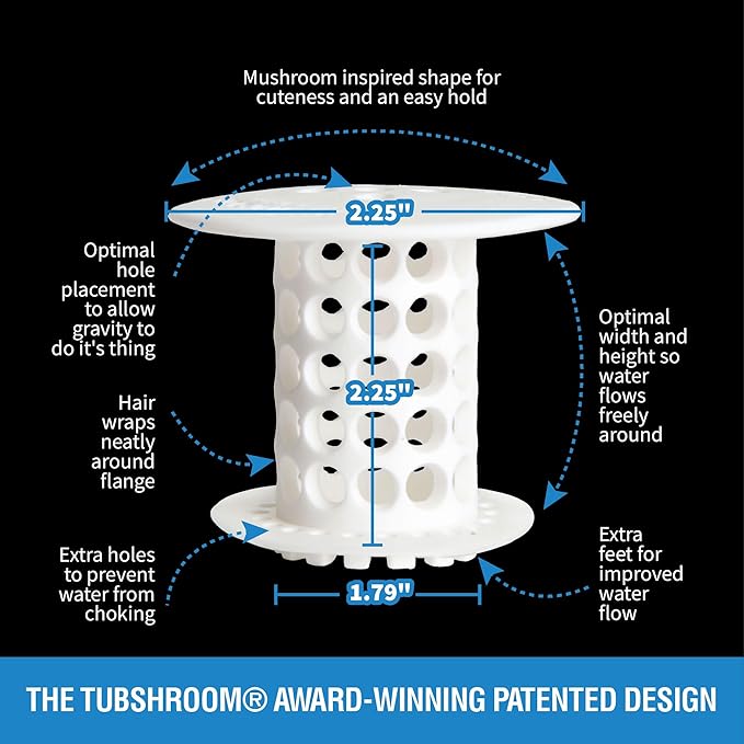 TubShroom Tub Drain Hair Catcher Strainer, White – Drain Protector and Hair Catcher for Bathroom Drains, Fits 1.5” – 1.75” Bathtub and Shower Tub Drains