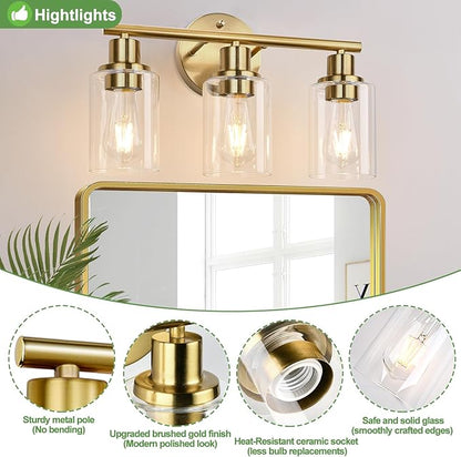3-Light Gold Bathroom Light Fixtures, Modern Bathroom Vanity Light with Clear Glass Shade, Brushed Gold Bath Wall Mount Lights, Wall Lamp for Mirror Kitchen Bedroom Hallway Living Room Hallway