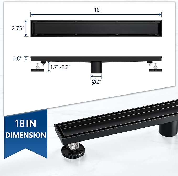 Neodrain 18-Inch Linear Shower Drain with Tile Insert Grate, Matte Black 304 Stainless Steel Rectangle Shower Floor Drain, Linear Drain with Leveling Feet, Hair Strainer