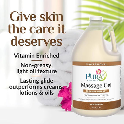 Coconut Therapy Massage Gel, Pura Wellness Massage Gel, Professional Deep Tissue Therapy, Coconut, Unscented, Recovery, 128oz