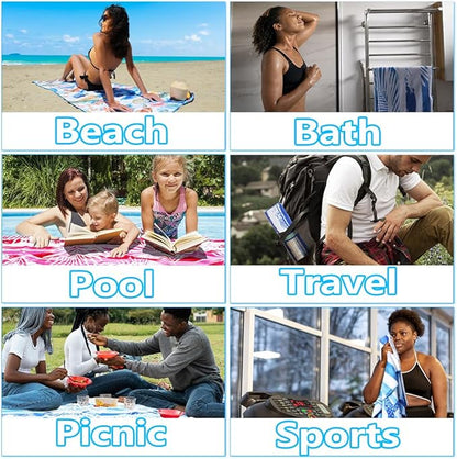 6 Pack Microfiber Lightweight Beach Towel Sand Free Quick Dry Absorbent Thin Compact Towels for Swimming Pool Camping Beach Accessories Large Easy Pack Travel Things for Vacation Essentials Gift