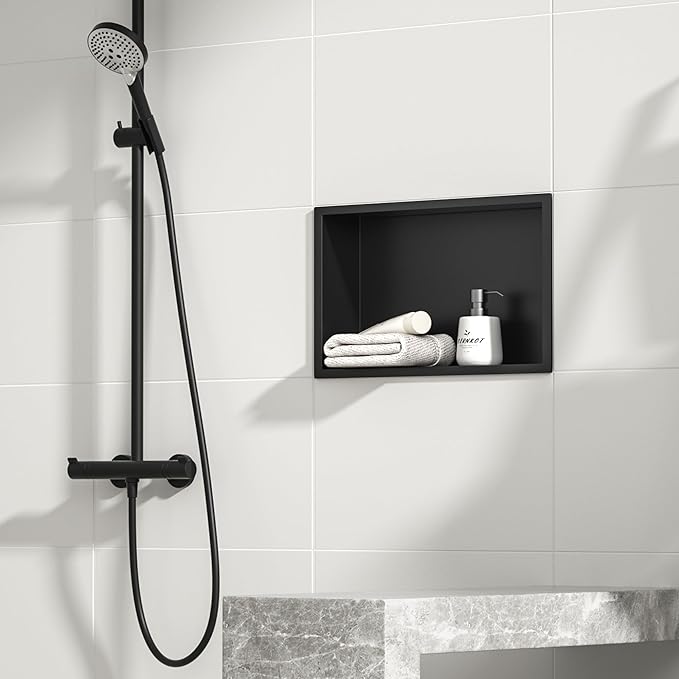 Stainless Steel Shower Niche 20" X 12" Matte Black No Tile Needed Niche Shower Recessed Wall Horizontal Niches for Bathroom Storage Over Mount Installation