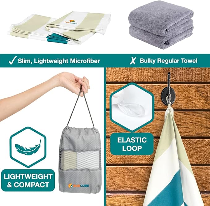 SUN CUBE Microfiber Beach Towel, Quick Dry Sand Free Beach Towel, Lightweight, Compact for Travel Swim Sports Camping, Packable Sand Resistant Towel Adult - Beige Cream 78x35 Inches